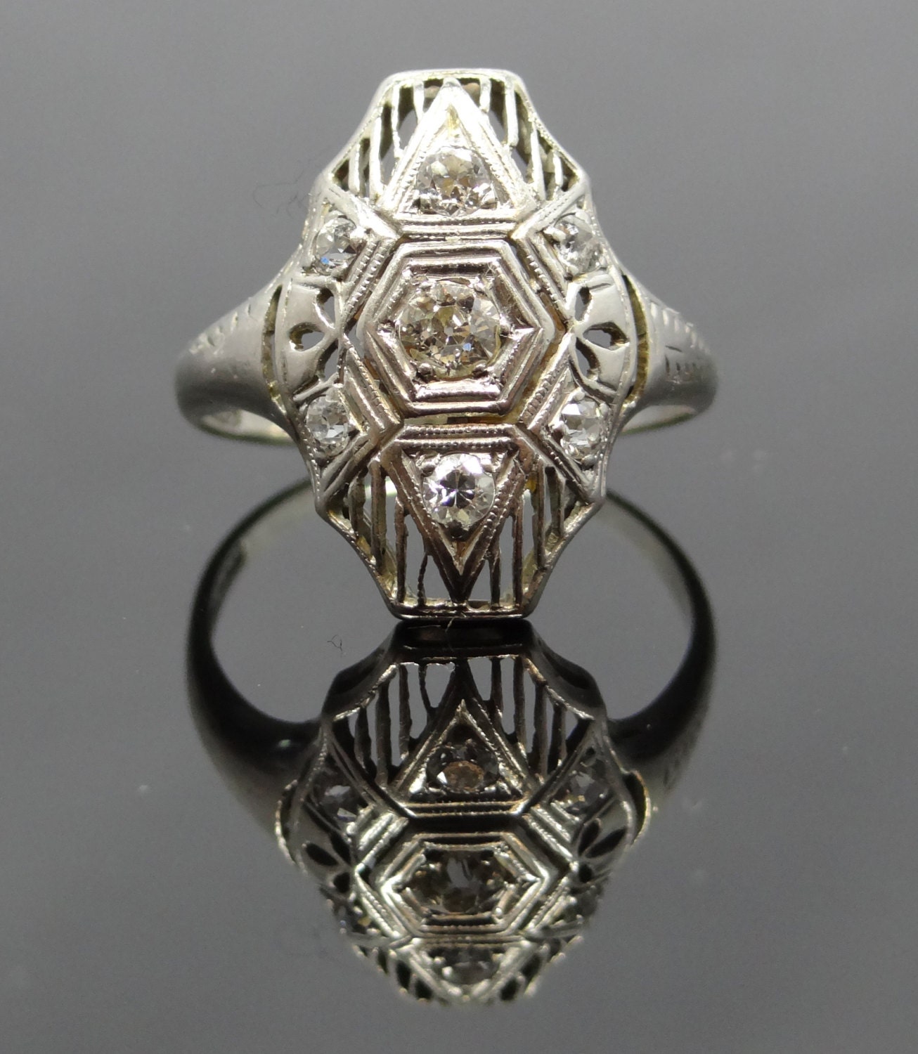Amazing Geometric Art Deco 18K Filigree Diamond Dinner Cocktail Ring - RGDI208P