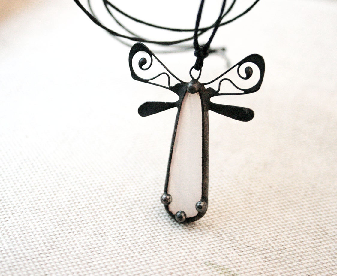 Dragonfly filligree pendant - white stained glass
