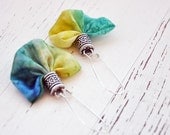 Hand painted silk earrings in multi colored. Turquoise, blue, green, yellow