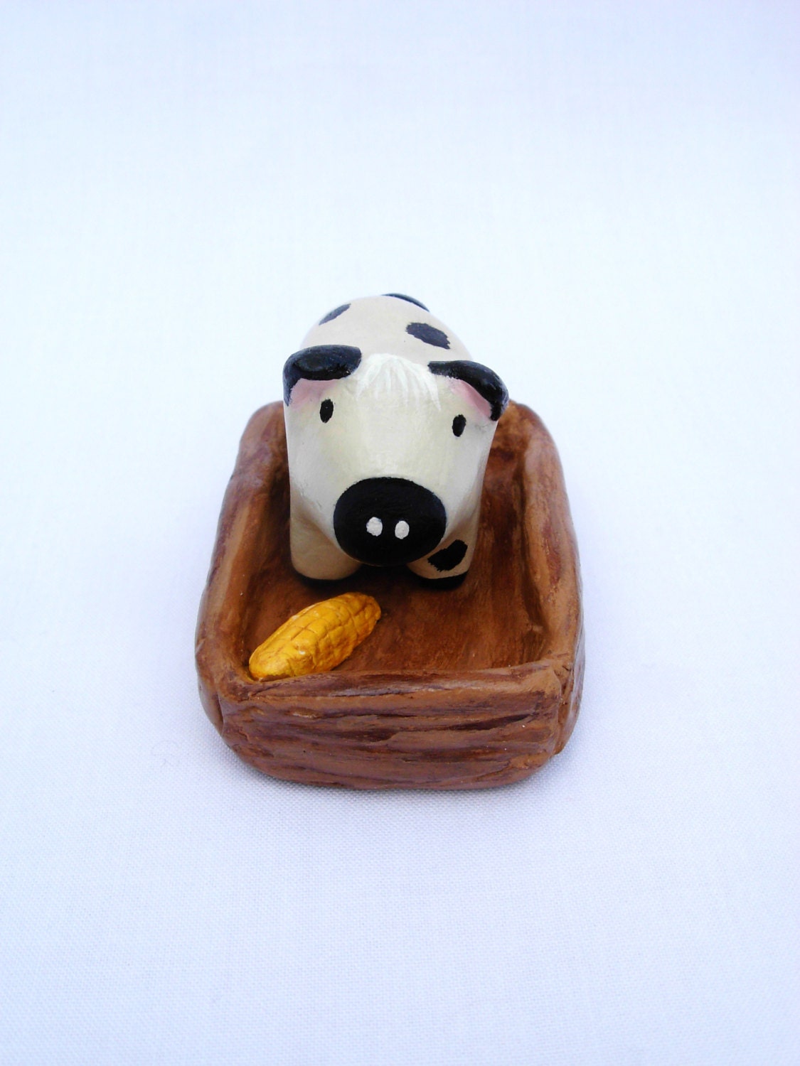 Lester the Little Spotted Pig And His Trough - Hand Sculpted Clay Animal Totem Figurine With Original Story Excerpt