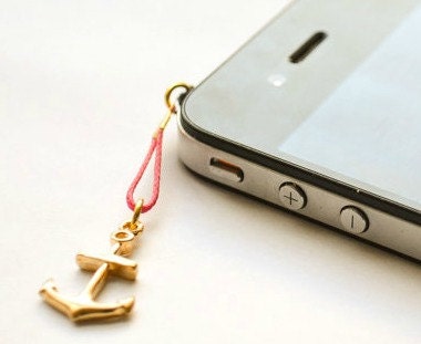 Anchor iPhone Earphone Plug, Dust Plug - gold anchor charm with pink cord. Cellphone Accessories, phone decoration, nautical charm