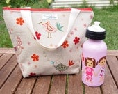 Insulated Lunch Tote Bag with Waterproof Lining - Red Linen Birds with Flowers