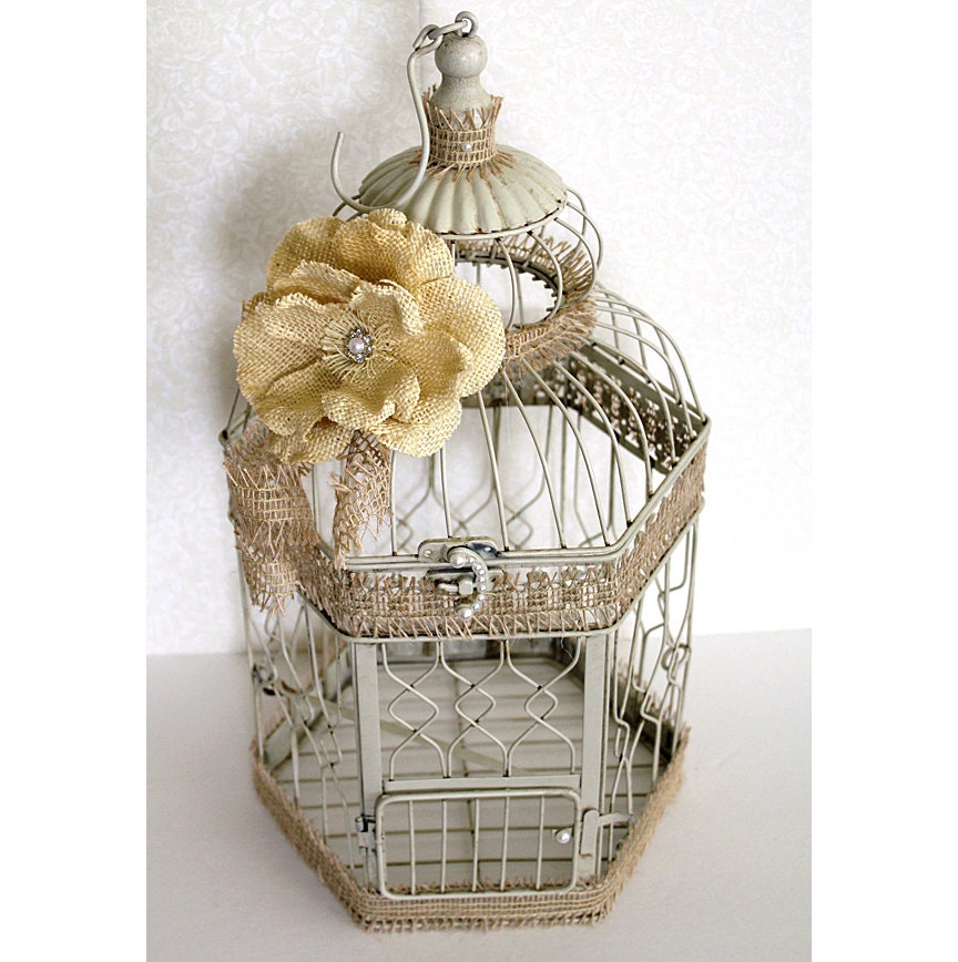 Wedding Birdcage Card Holder Rustic Chic Vintage Ivory/Tan, Natural Yellow & Pearl. Wedding Card Box. Wedding Money Box