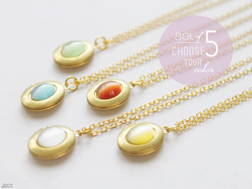 Set of 5 tiny locket necklace, bridesmaid gifts mini raw brass oval gold dainty minimalist bridal jewelry