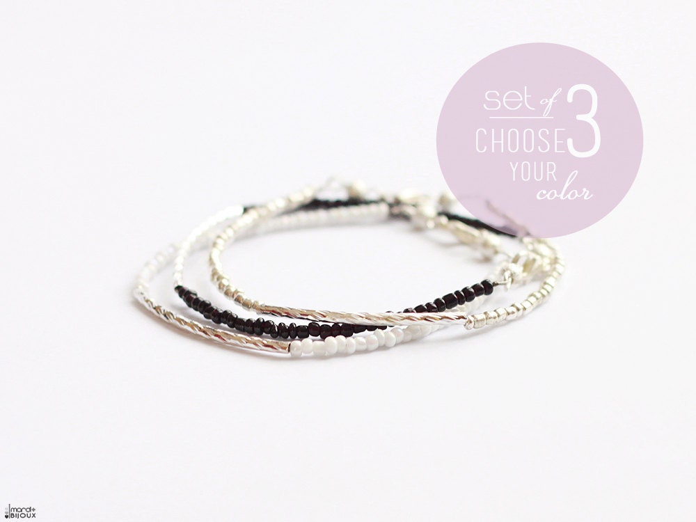 Set of 3 silver beaded bar bracelet - curve tube thin friendship stacking layering bff black white minimalist modern everyday jewelry