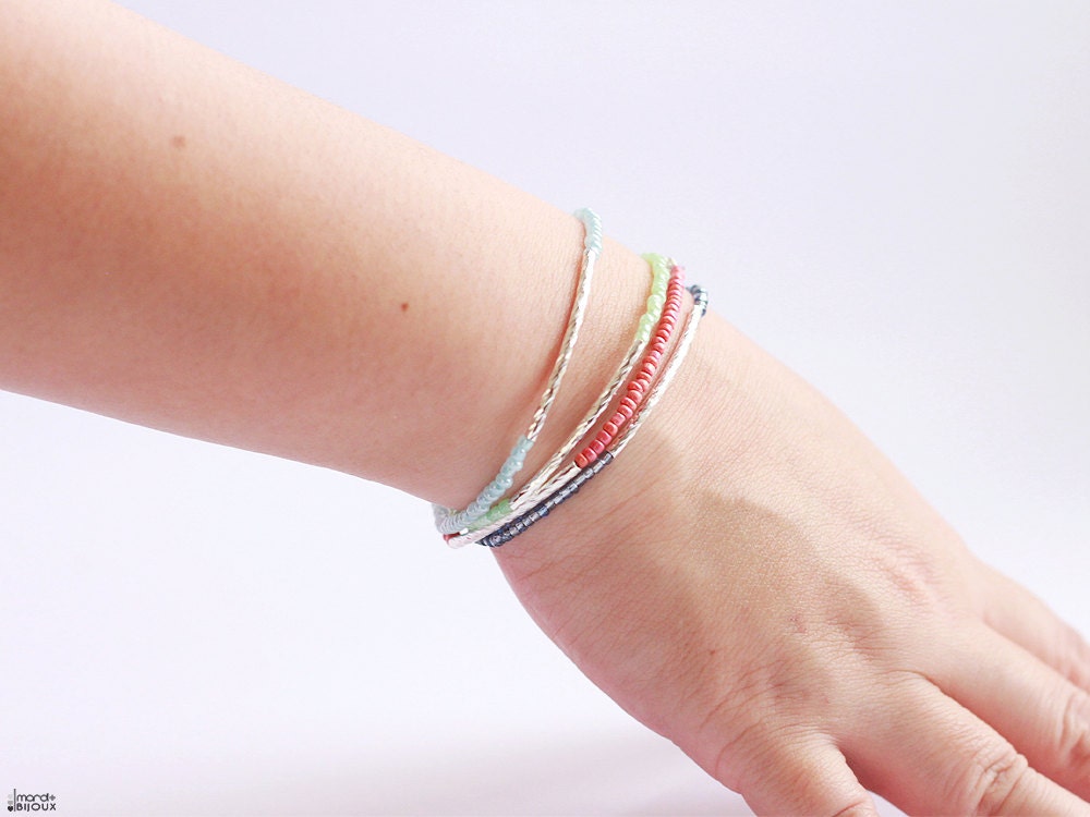 Denim blue silver beaded bar bracelet - friendship stacking layering bff simple thin curve bar dainty modern everyday jewelry