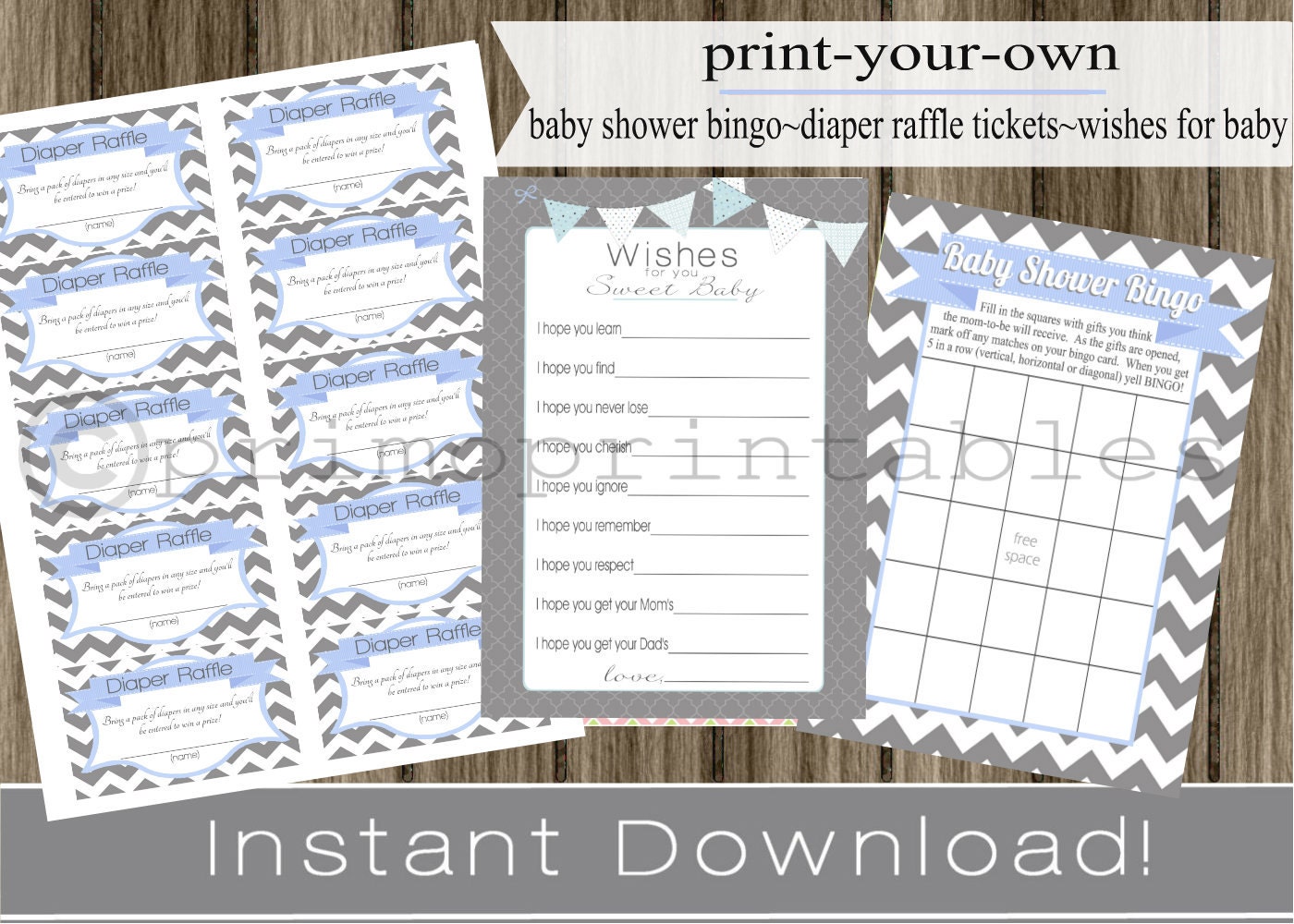 Baby Shower Bingo Game Cards, Diaper Raffle Tickets, Baby Wishes gray chevron and light blue INSTANT DOWNLOAD diy digital printable file