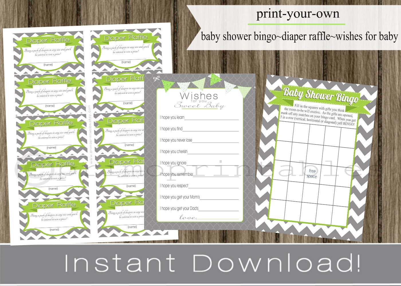 Baby Shower Bingo Game Cards, Diaper Raffle Tickets, Wishes for Baby gray chevron and lime green INSTANT DOWNLOAD diy digital printable file Il_170x135