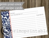 Printable Recipe Cards DIY navy blue damask with coral pink INSTANT DOWNLOAD digital Print Your Own 4x6 inch bridal shower gift