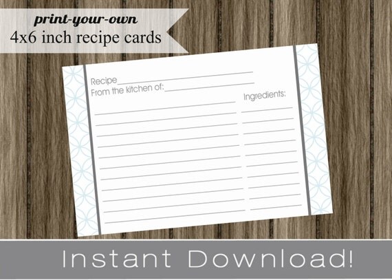 Printable Recipe Cards DIY light blue INSTANT DOWNLOAD digital Print Your Own 4x6 Il_570xn