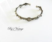 Vintage Cuff Bangle Bracelet, Silver Tone Beaded Etched Flower Design Jewelry