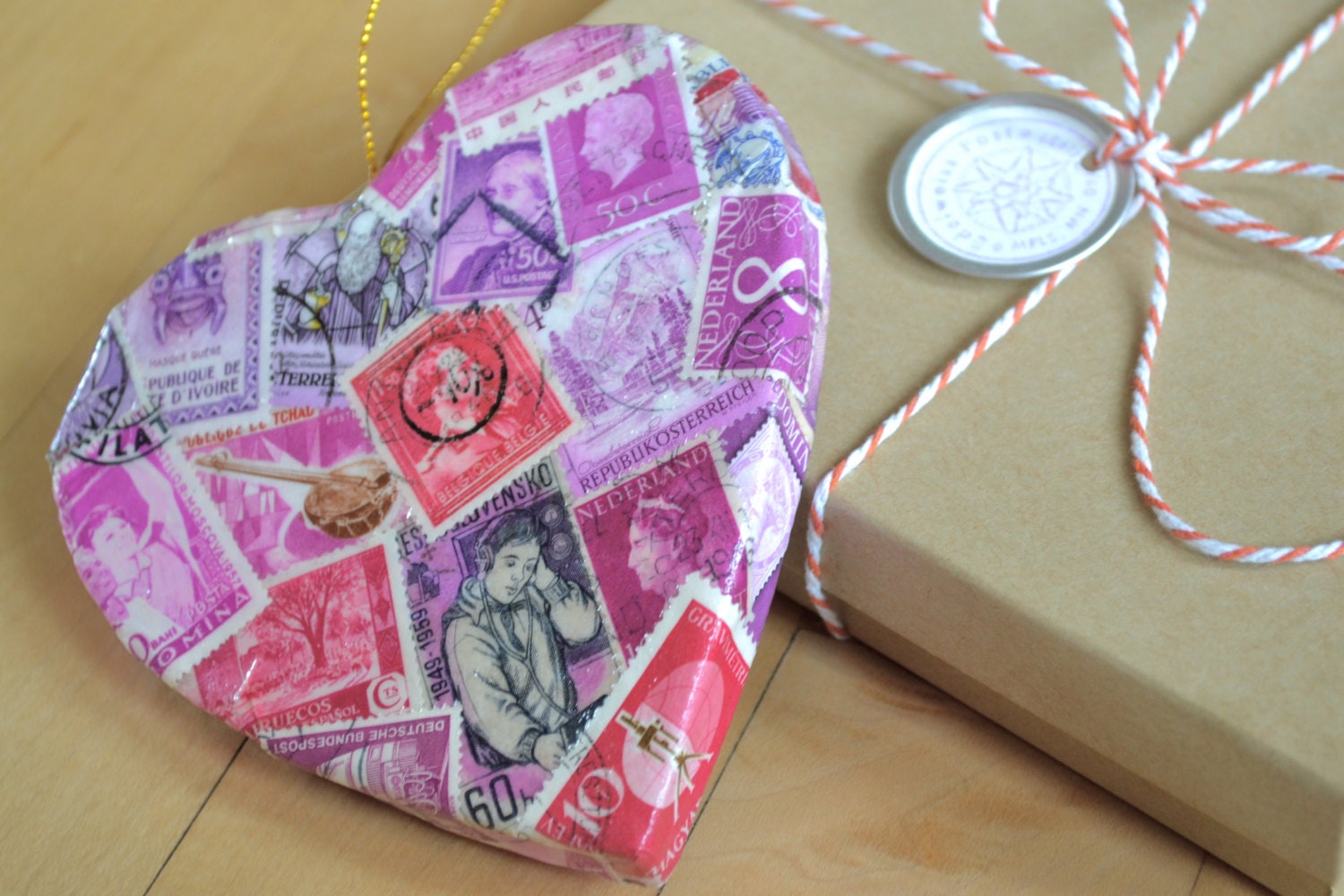 Purple Heart Valentine Gift Postage Stamp Ornament, Vintage Postal Heart Bauble, Postal Love