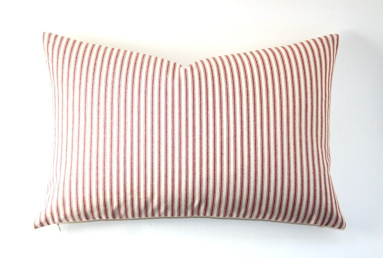 french ticking red stripe pillow cover 13 x 20 inch lumbar rustic farmhouse cottage natural denim backing