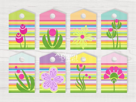 Spring Colors Gift Tag Easter Printables Colorful Stripes Springtime Flowers Instant Download Il_570xn