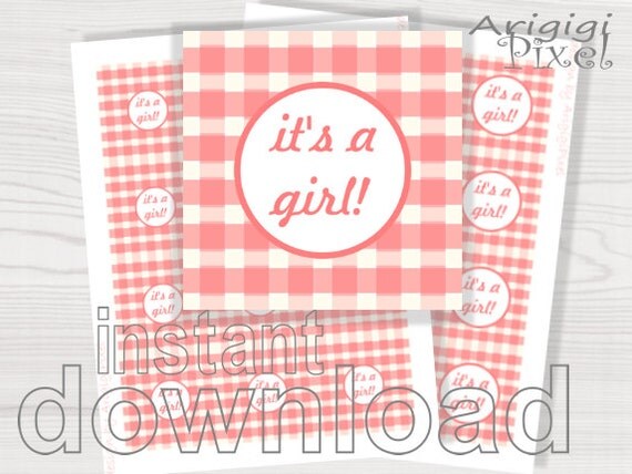 it's a girl printable circle peach pink plaid square background for baby girl shower party DIY cupcake toppers favor bag Il_570xn