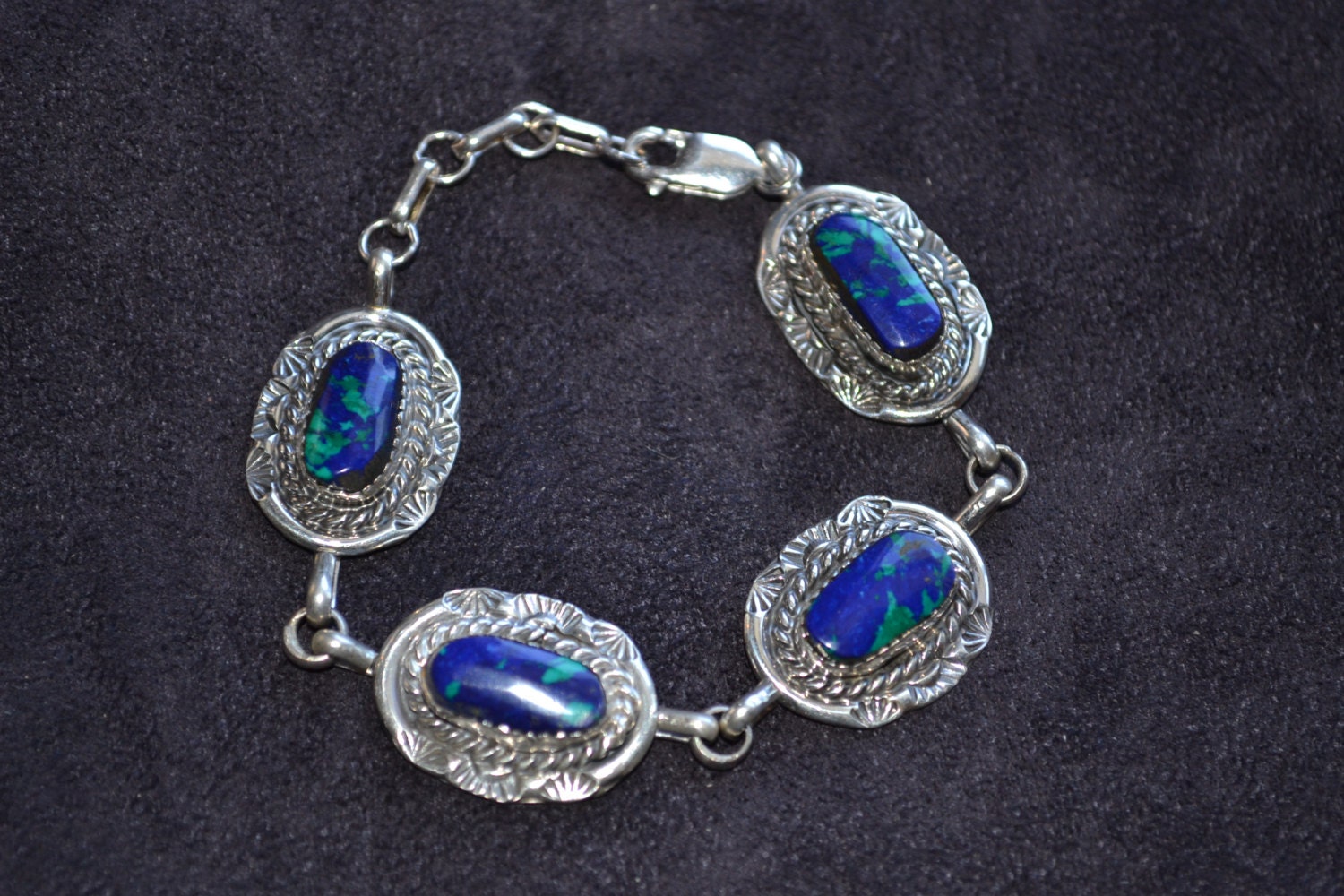 Handmade Sterling Silver and Azurite Malachite Link Bracelet