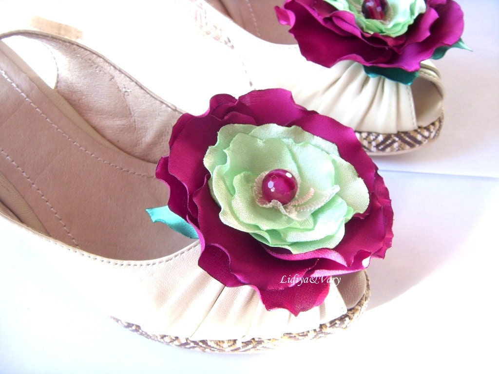 Shoe Clips, Mint and cherry flowers , Silk Flower , Handwork , Accessories for women , Shoe Accessories