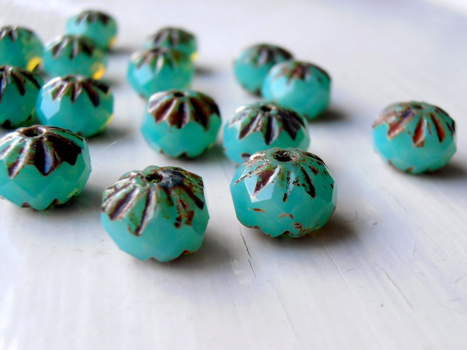 Freewheeling - 9 x 6mm aqua opal cruller cut rondelle beads with Picasso finish (10), turquoise picasso beads, czech glass rondelles