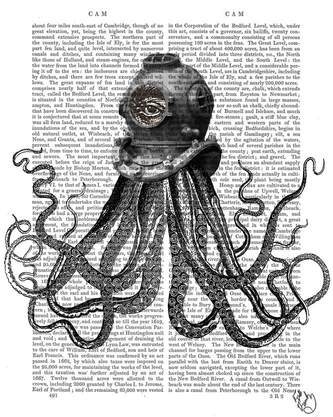 Octopus with Diving Helmet Digital Art Illustration Mixed Media Original Print Scuba Diving Steampunk Octopus Print Wall Decor Wall Hanging