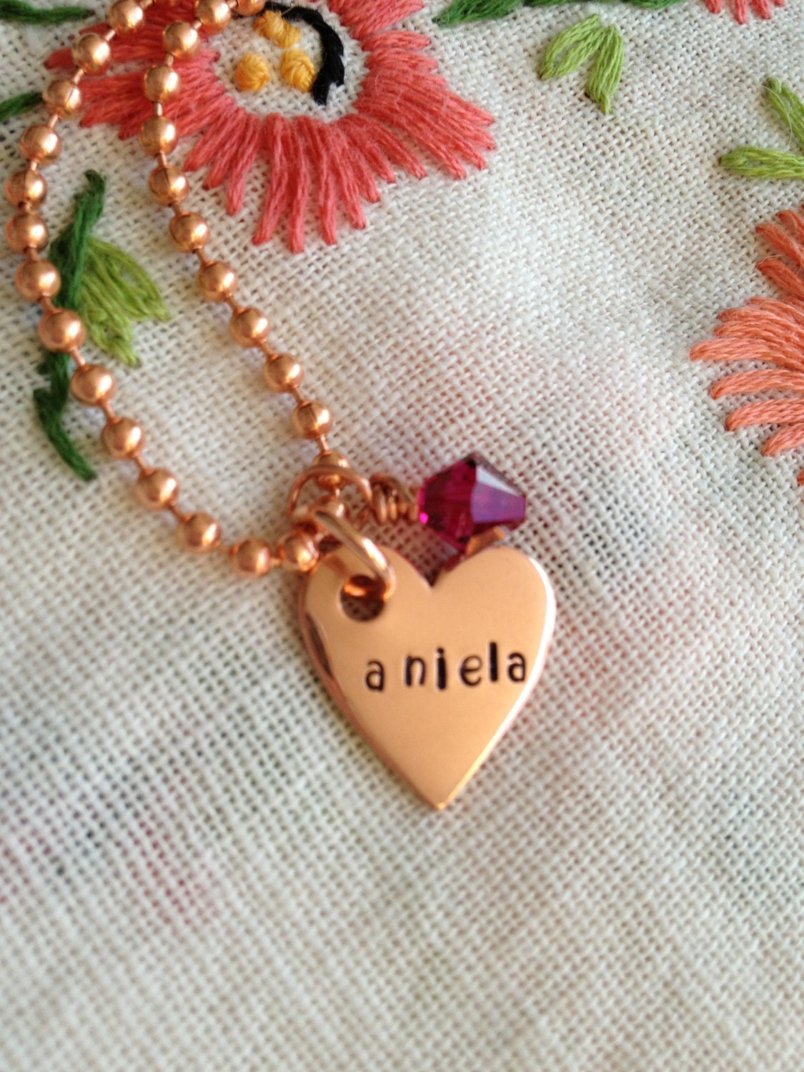 Heart Loved One Hand-Stamped Copper Personalized Custom Name Charm Engraved Necklace with Swarovski Crystal Birthstone by RedHorses