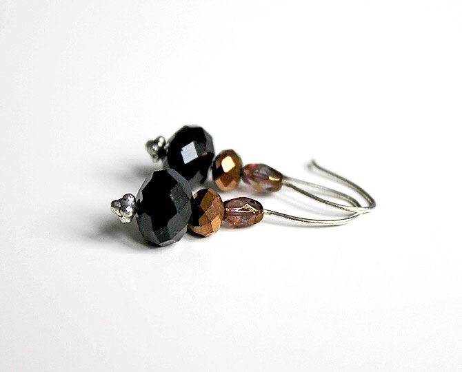 earrings silver plated with glassbeads black, copper - BelleAccessoires