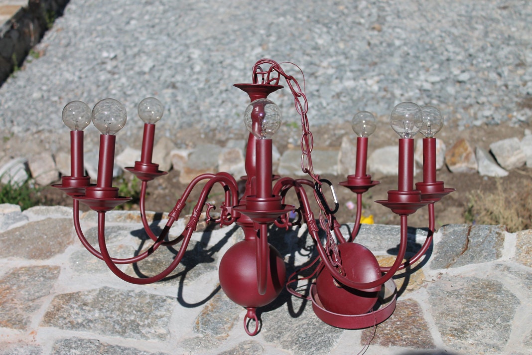 Upcycled red modern chandelier 8 arm cottage chic victorian mod