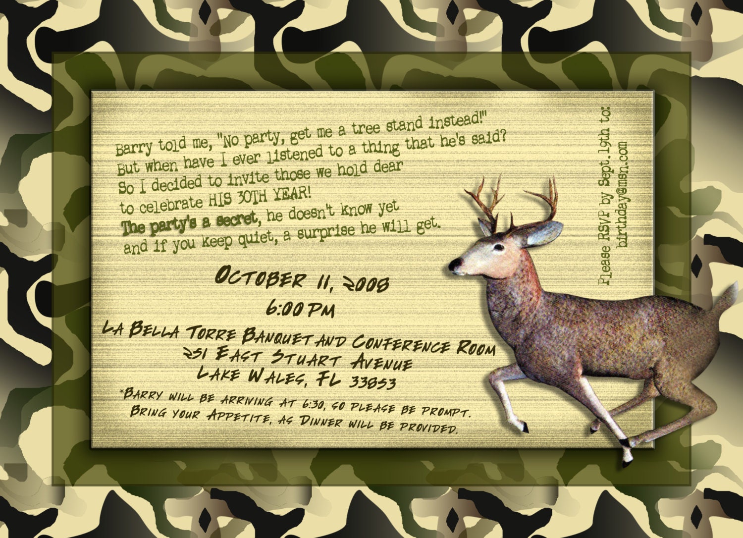 Camo/Deer Hunting Boy/Guy Customizable Birthday Invitation, digital printable 5x7 file