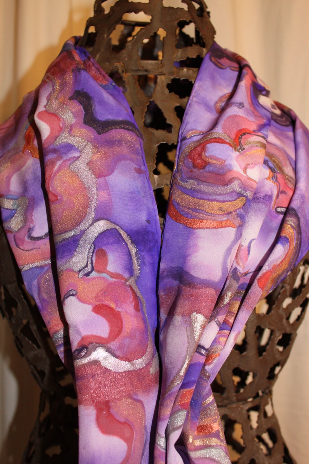 One of a kind, Hand Painted "purple/gold/silver clouds  " silk Crepe De Chine scarf 15x60 (0010)