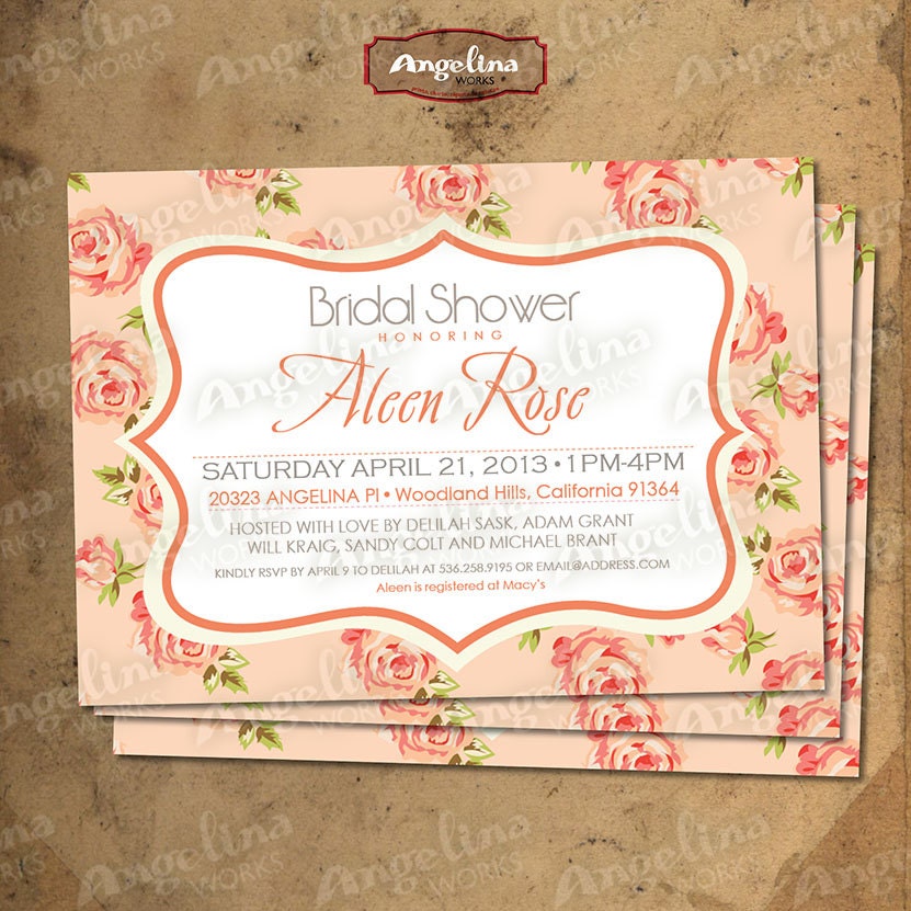Shabby chic Bridal Shower Invitation. DIY card. Peach color Flowers. Digital Printable card 5x7 inch