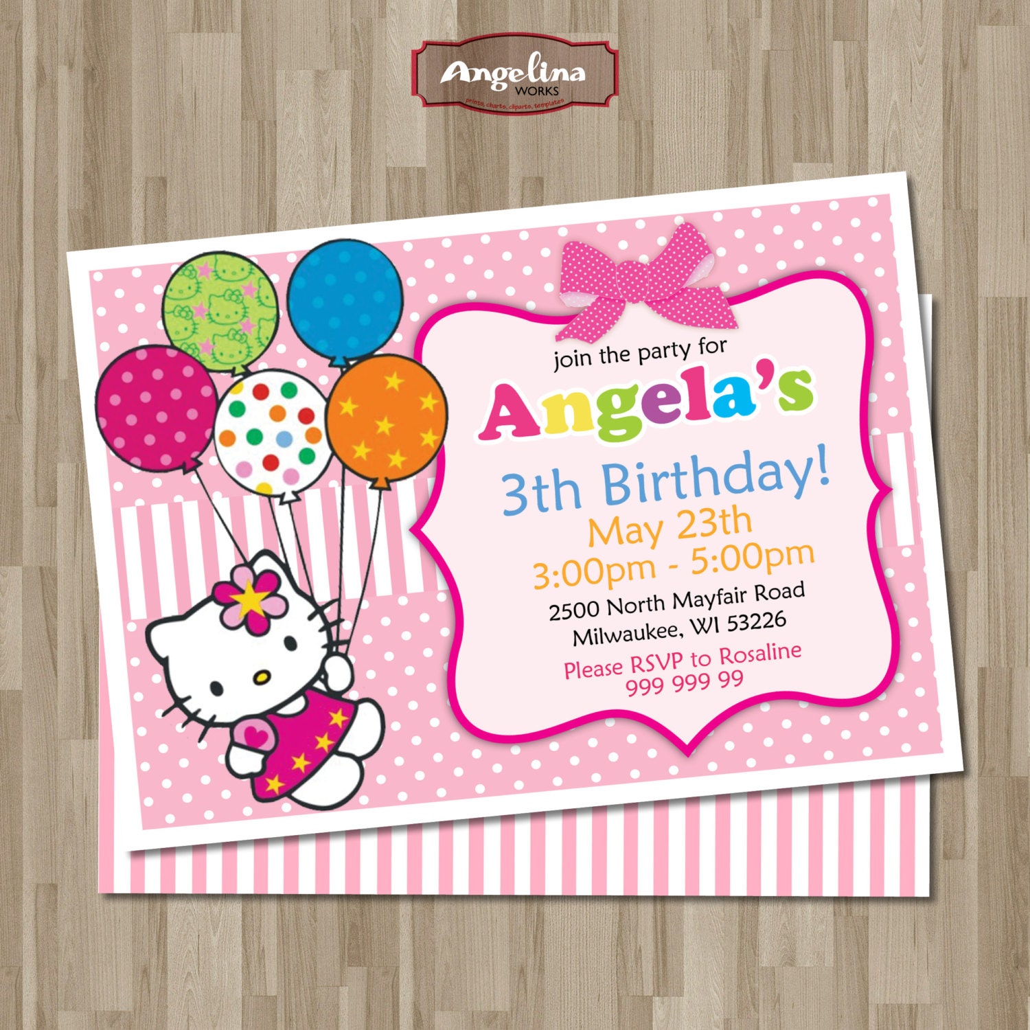 Hello Kitty Double Sided Birthday  Invitation. DIY card. for Girl. Digital Printable card 5x7inch