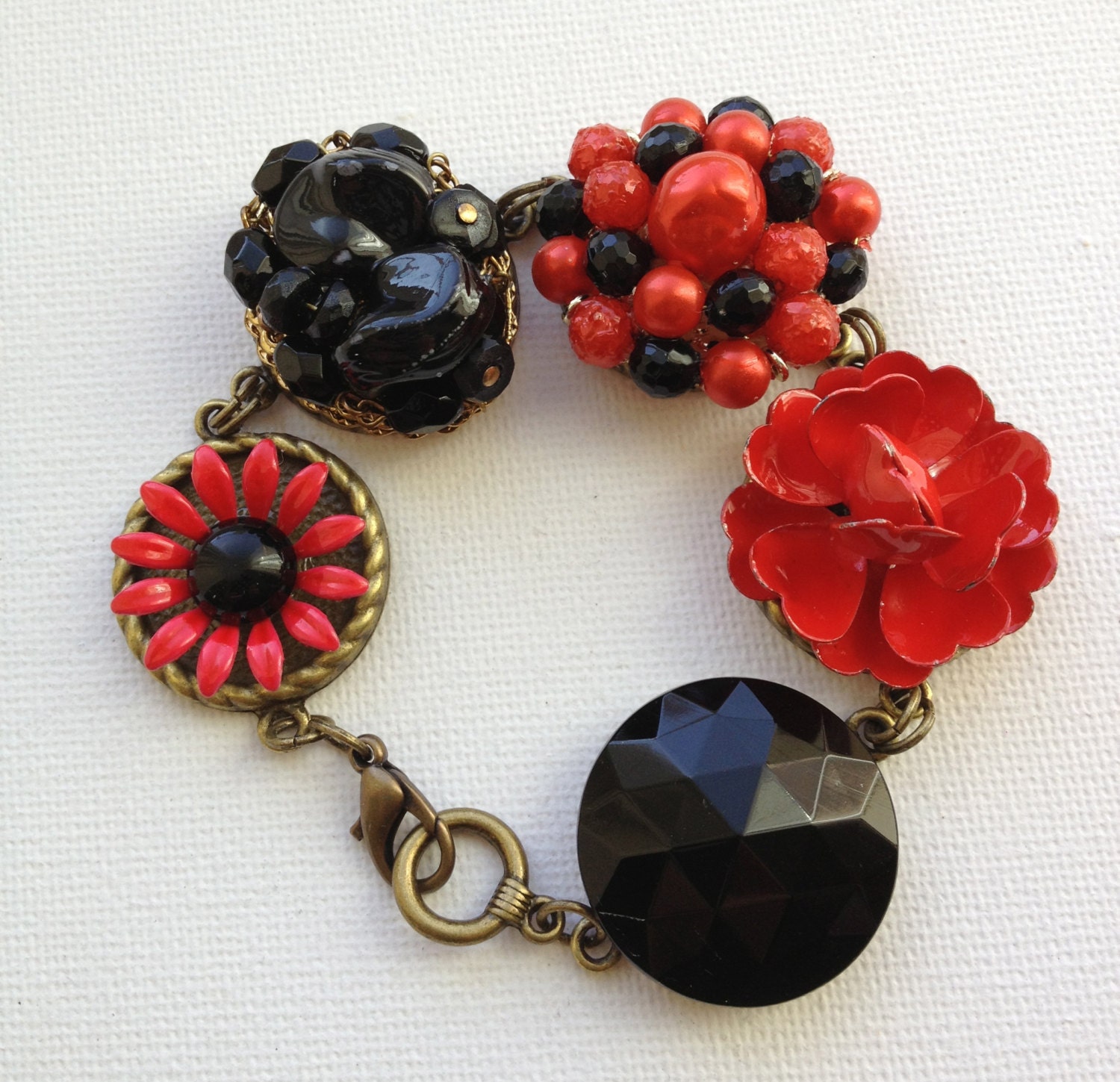 Vintage earring bracelet, reclaimed vintage, upcycle recycle repurpose, vintage assemblage, red black charm bracelet