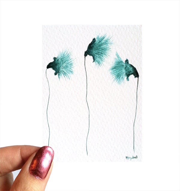 Teal Flower ACEO Watercolor Painting Giclee Print Fine Art Archival Original Blue Mint Turquoise Abstract Modern Spring Home Decor