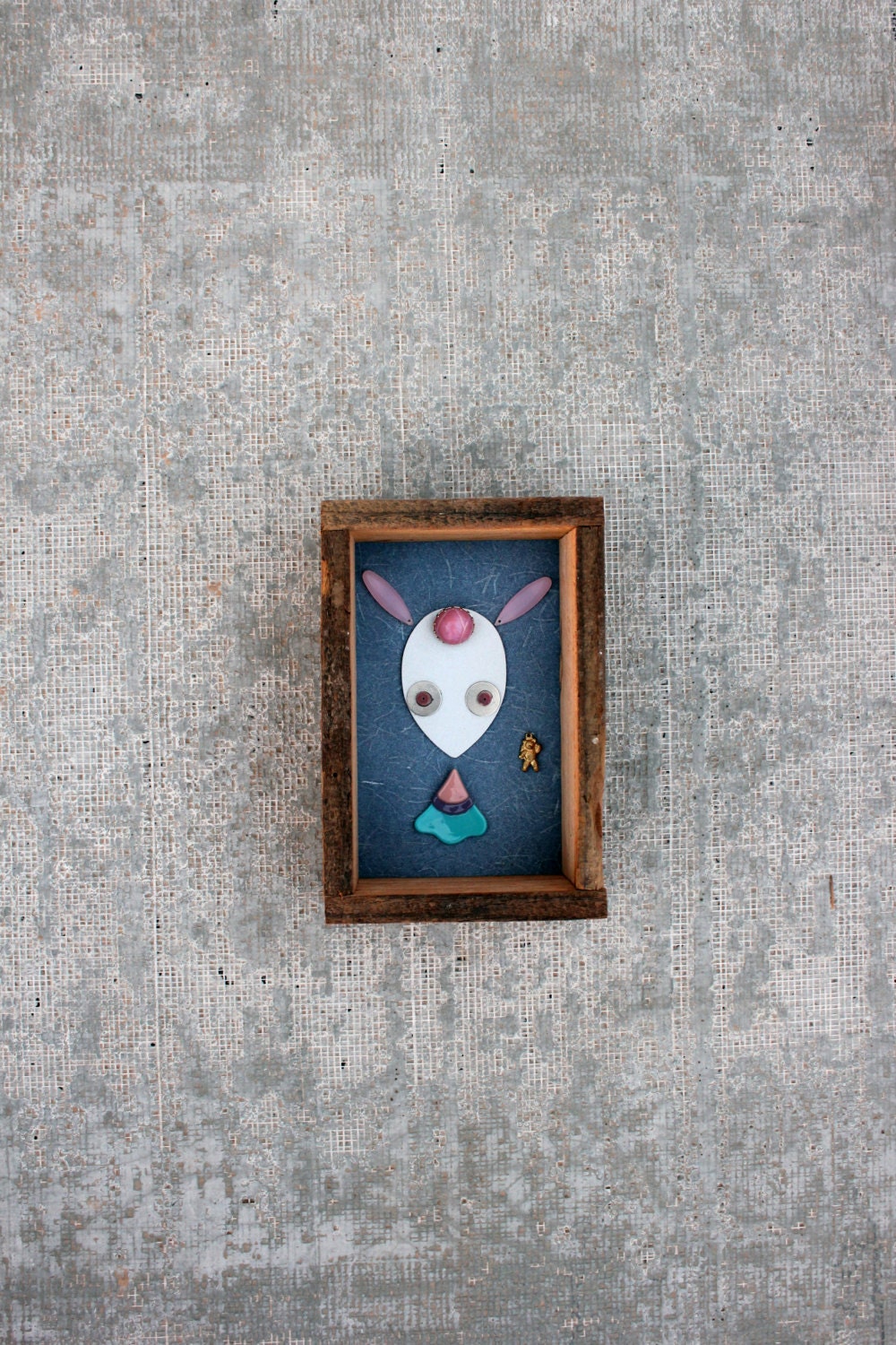 Original mixed media art - bunny art - 3D collage on wallpaper - Upcycled materials art - wall decor - personalized character art - OOAK