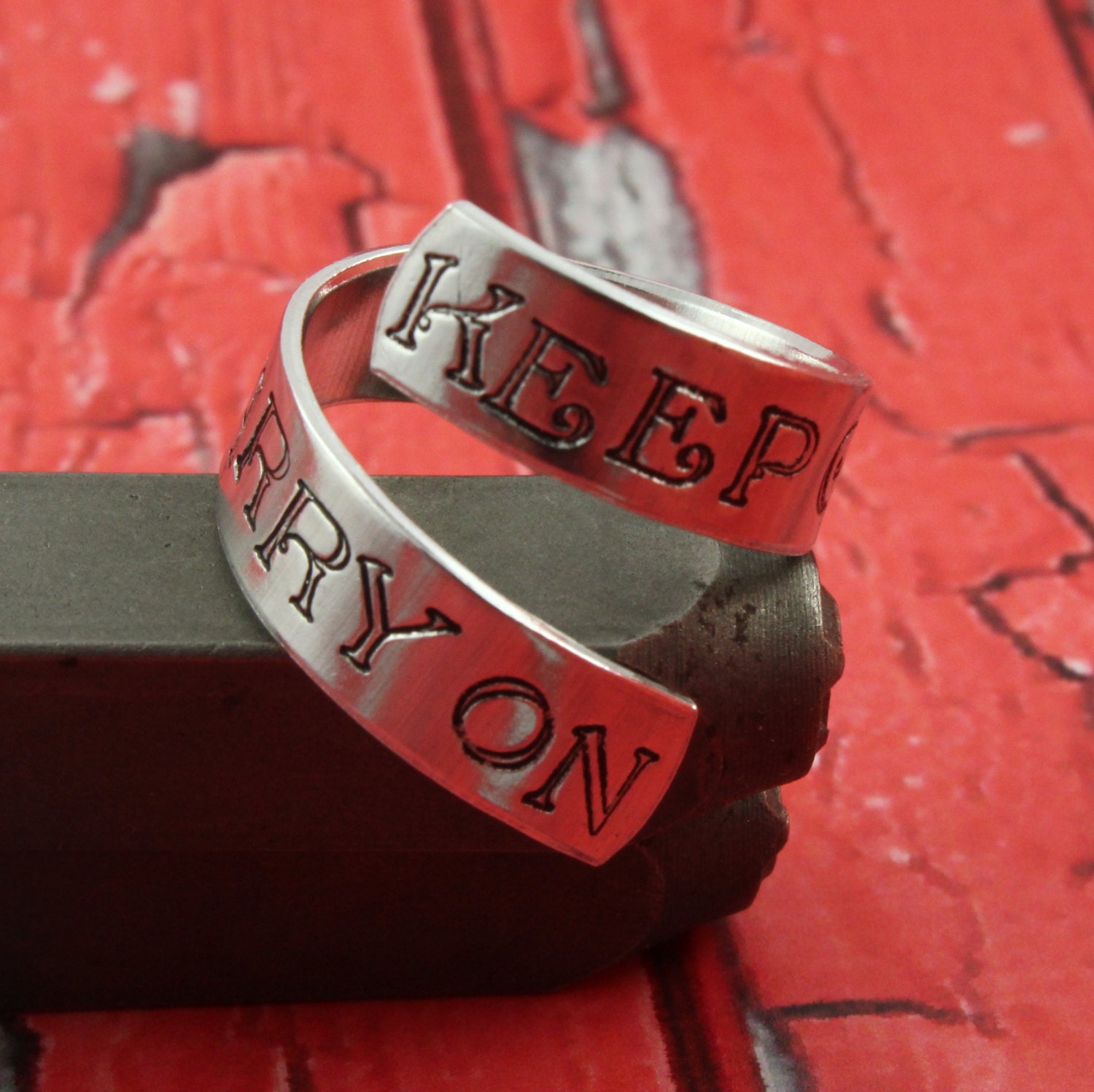 Keep Calm And Carry On Ring - Adjustable Twist Aluminum Ring - Hand Stamped Wrap Ring