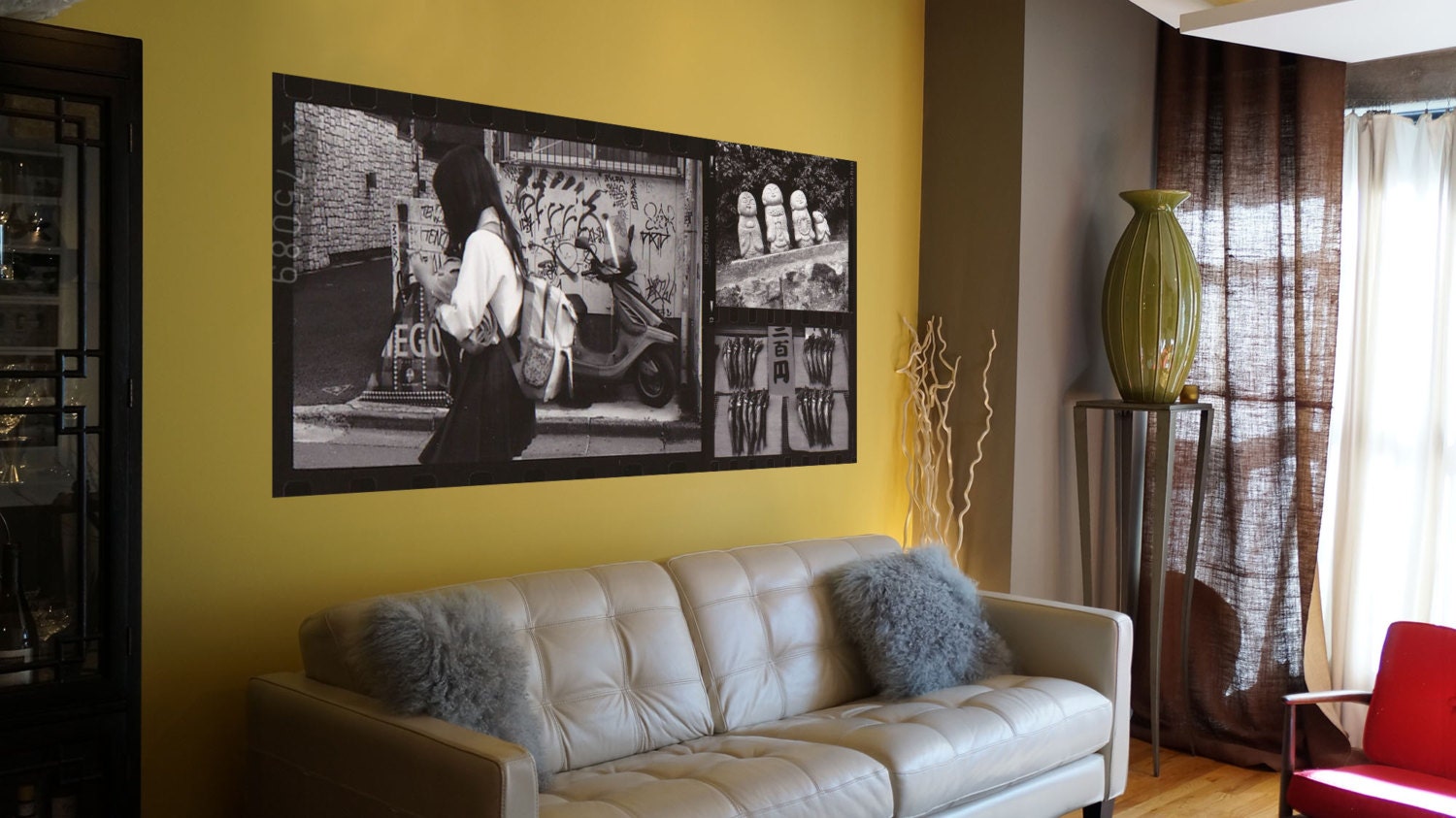 Japan-Girl and Foursomes, Large-scale (82" x 40") B&W Film Photography Digitally Printed on Self-Adhesive Fabric