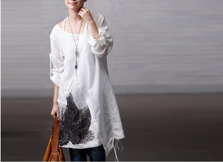 Spring and Summer White  Loose Cotton Leisure  Shirt  Big Pocket  Cotton Long  dress  Linen Women Blouse --4 colours