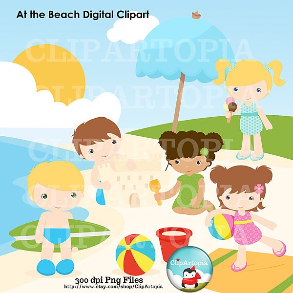 Boy And Girl Summer Beach Digital Clipart Cute Boys and Girls At the Beach fot Personal and Commercial use/ INSTANT DOWNLOAD Il_570xn