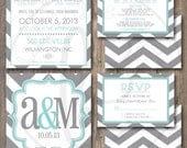 5.25 x 5.25 Square, Modern Monogram and Chevron Wedding Invitation with response and details card. Printable and Customizable