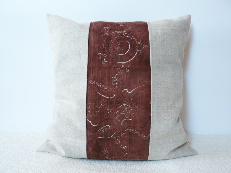 Natural beige and brown floral pillow 16x16 Cushion Cover Rustic linen pillow Embroidered pillow Color block