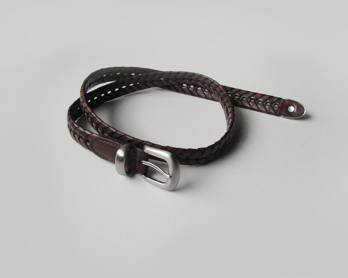 Vintage braided brown leather belt, skinny genuine leather belt, 70s - plot