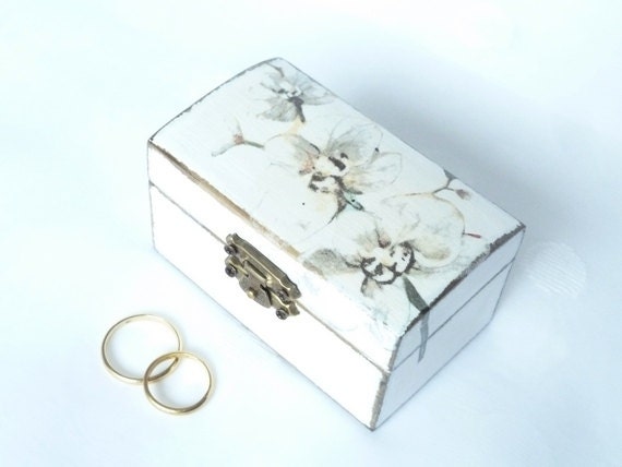 Ring Bearer Box, Wedding Ring Box, Jewelry Box, White Box, Orchids, Shabby Chic Wedding