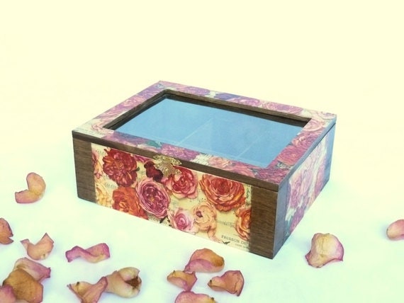 Wood Jewelry Box with Roses, Wooden Box,Tea Box, Storage Box, Keepsake Box. Red Pink Brown