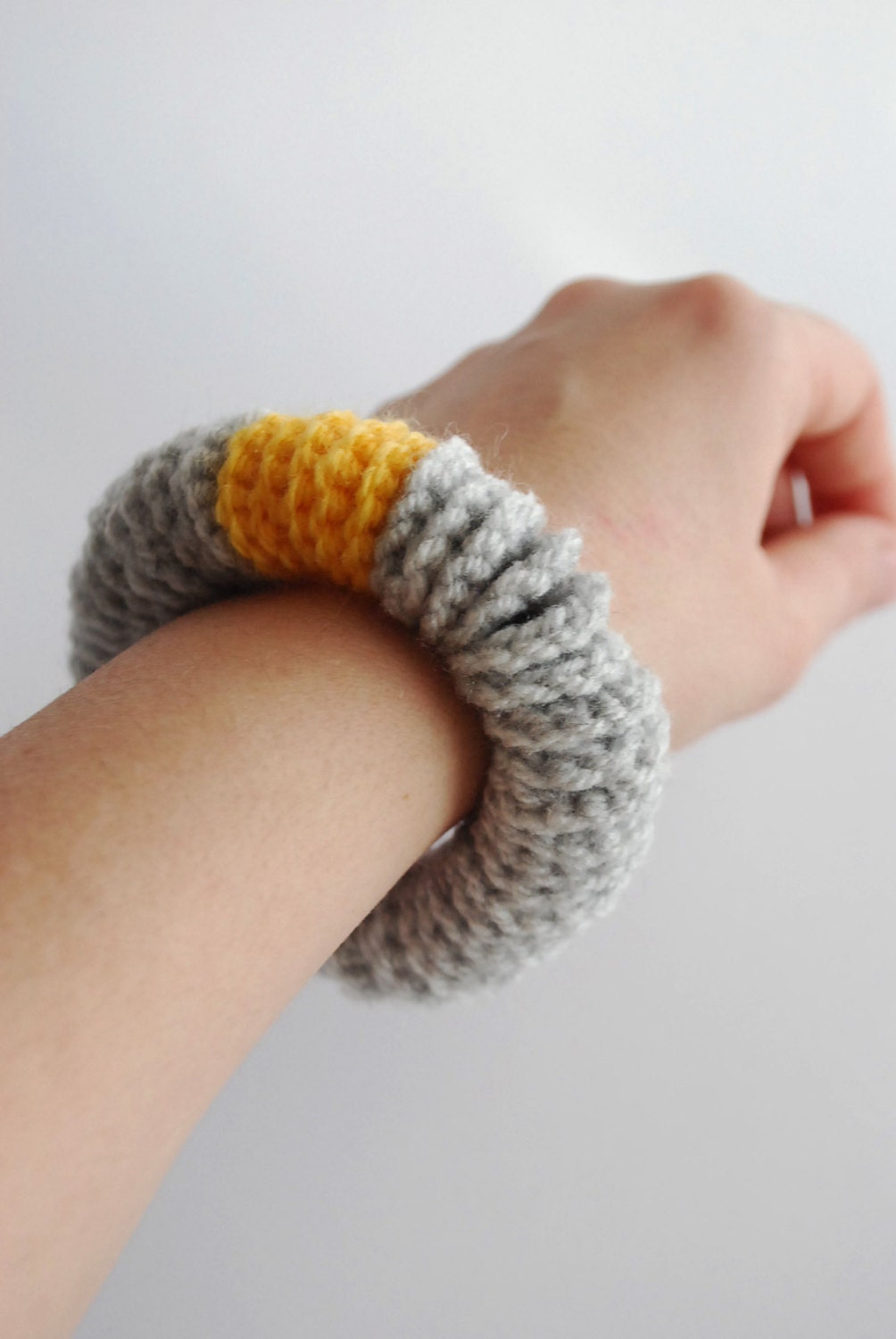 Grey Crocheted Bracelet with Yellow Accent for Women and Teens Fashion accesory