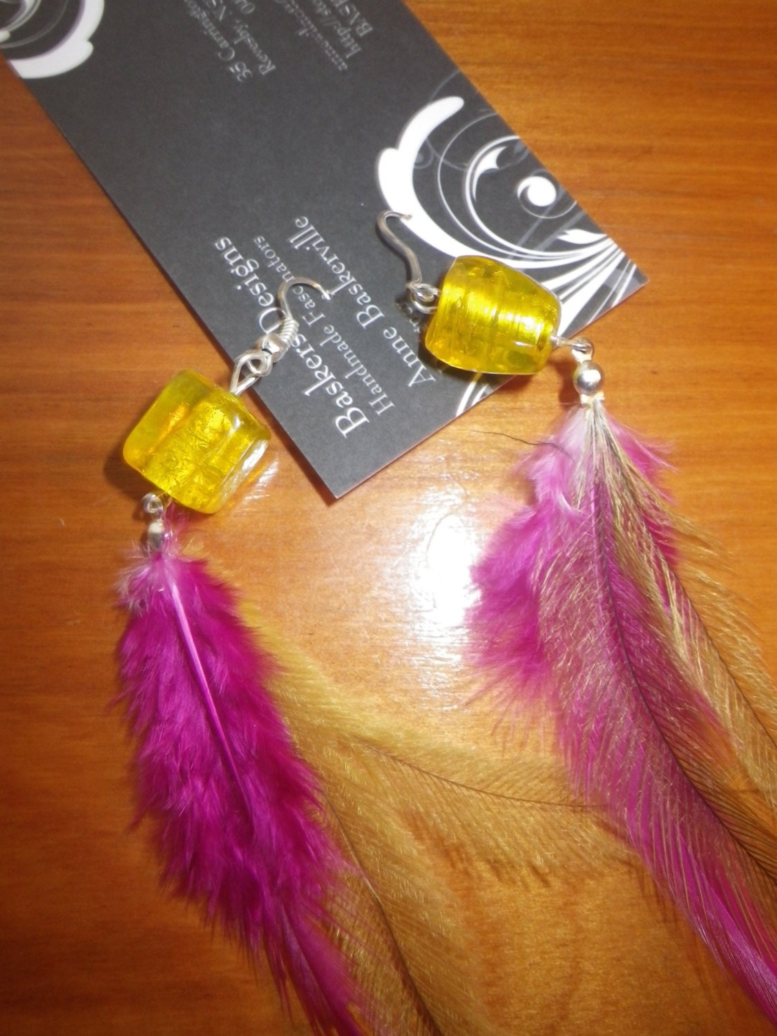Handmade Earrings, Bead and Feather Silver Plated Earrings Yellow and Pink