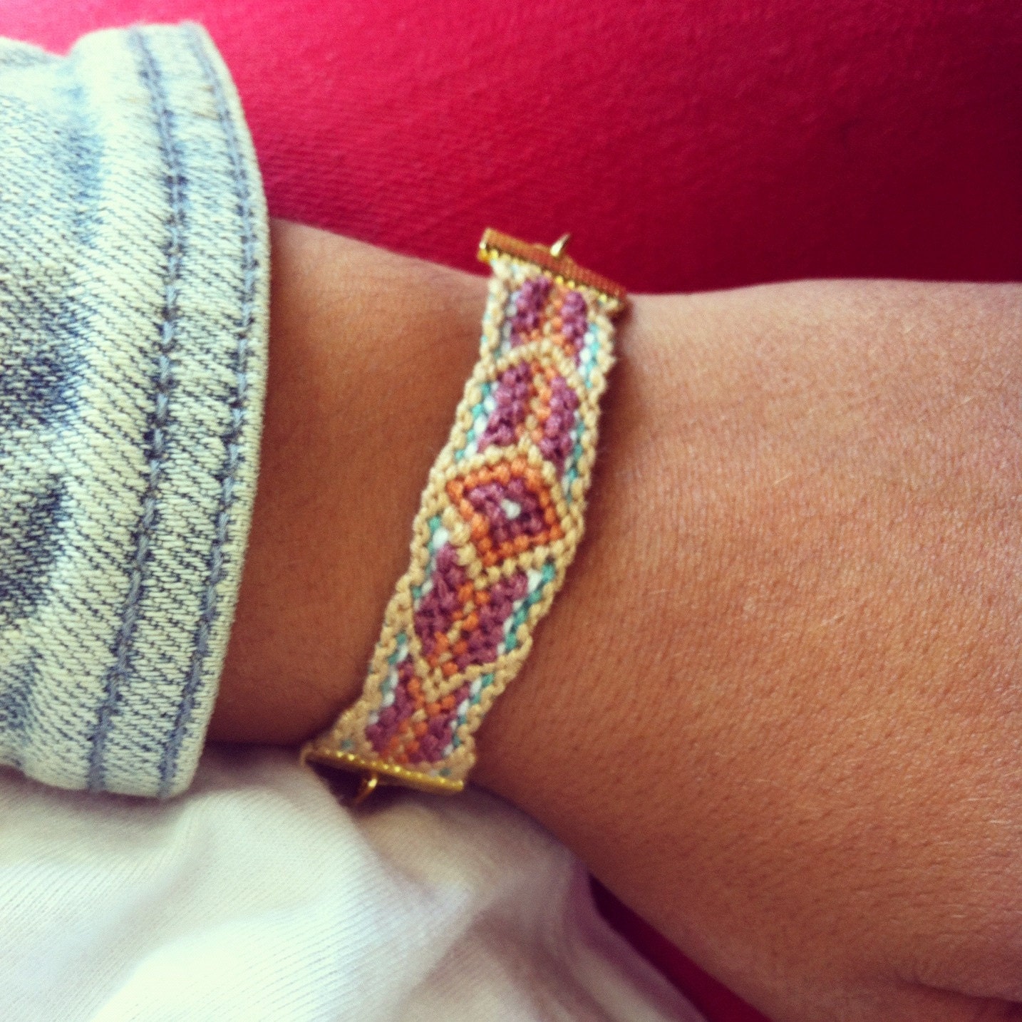 Chunky Gold Toned Chain Friendship Bracelet: Tribal Pattern in Your Choice of Colors
