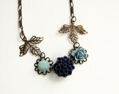 Shabby Chic Flower and Leaf Necklace - Romantic Vintage Style - Bridal Blue Floral Jewelry - Brass Leaf Necklace