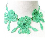 SALE green venise lace bib necklace choker  charm crystal beaded vintage victorian handcrafted Fabric jewelry woman wedding party