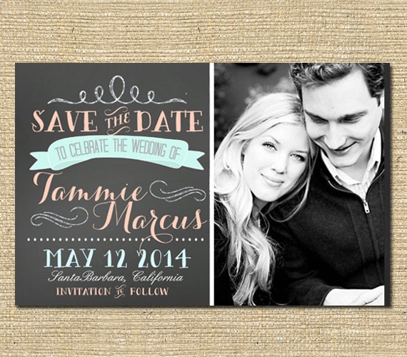Grand Opening Sale - Engagement Save the Date Photo Announcement Charcoal/Aqua/Coral - Printable File