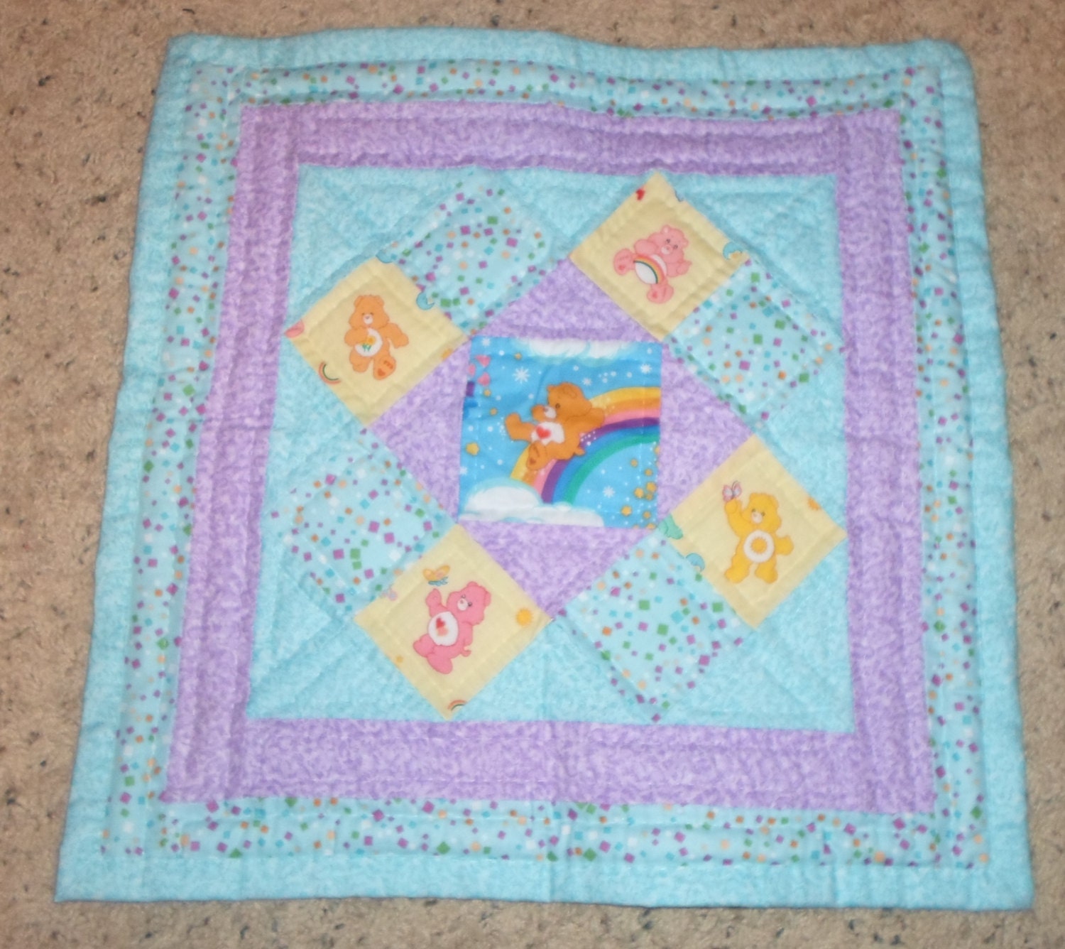 Mini Doll Size Hand Sewn Quilt w/ Care Bear, Blue and Lavender