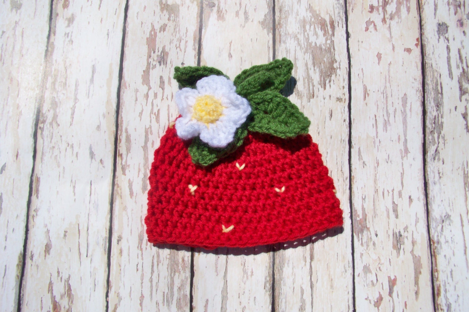 Crocheted Red Strawberry hat with flower for newborn baby to 8 yrs